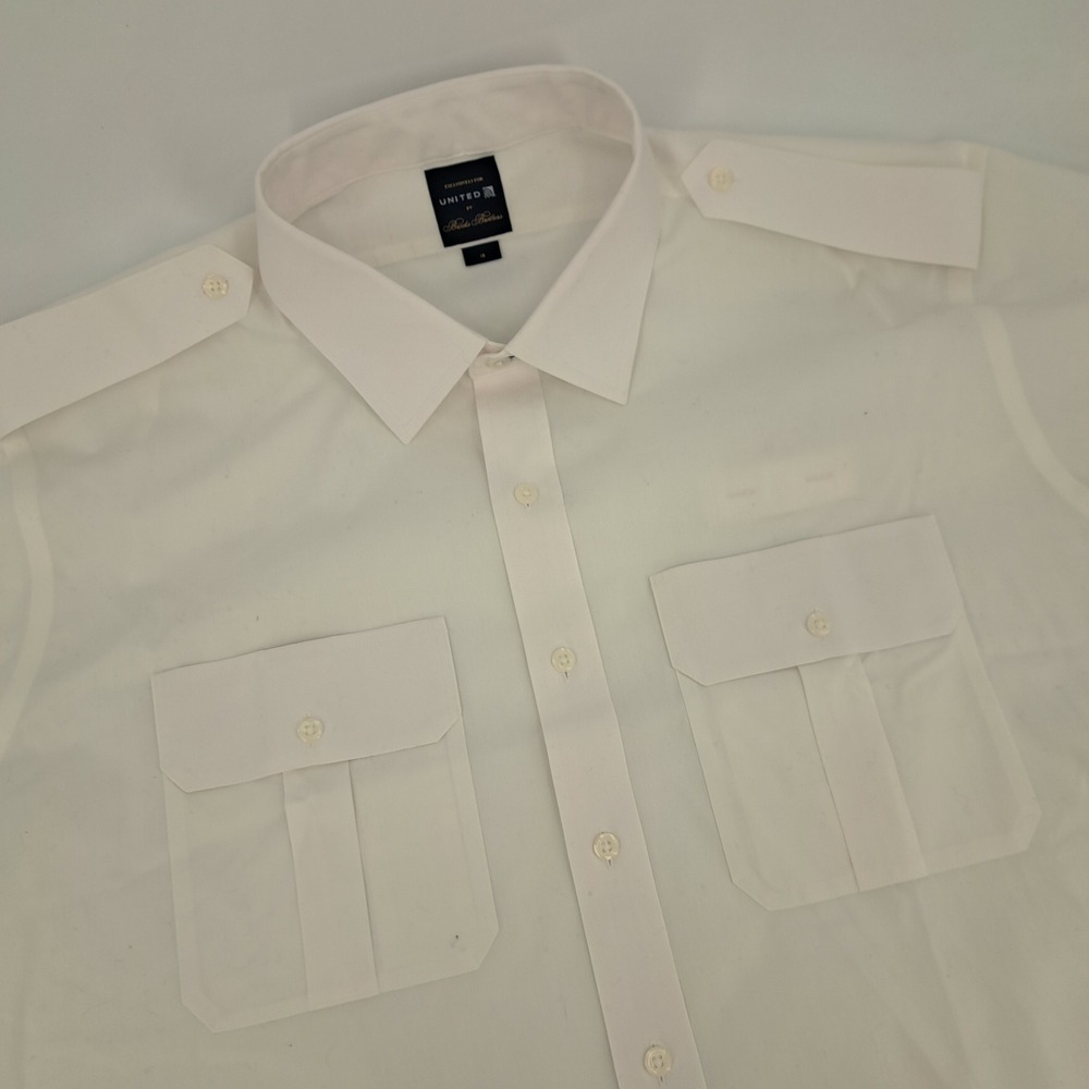 Brooks Brothers Pilot Shirt Men 18 Cotton White Solid United Airlines Epaulets